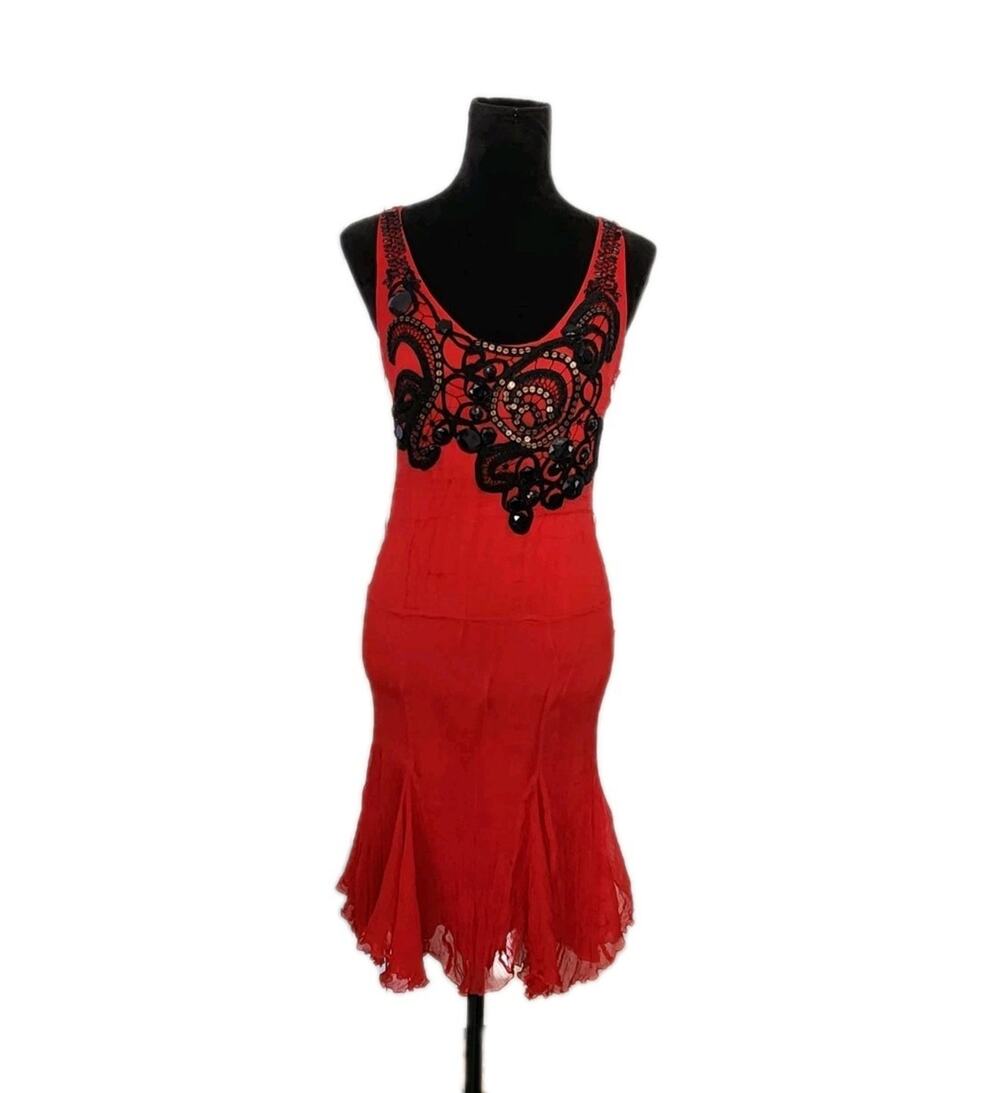 Bebe Y2K Red Beaded Drop Waist Racer Back Fairy Hem Silk Dress Size Small